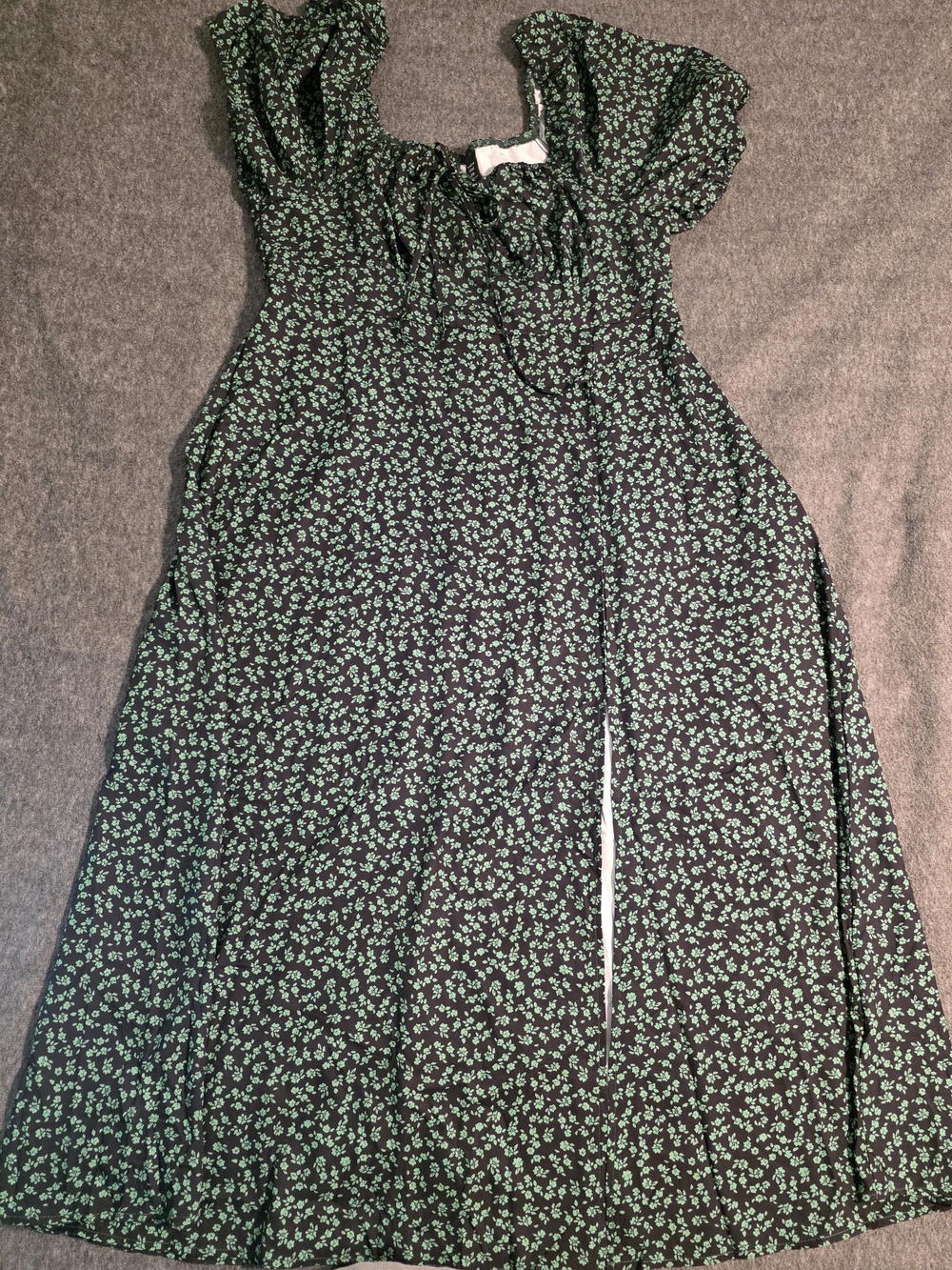 SHEIN Black Dress with Green Floral Print and Ruffle Sleeves
